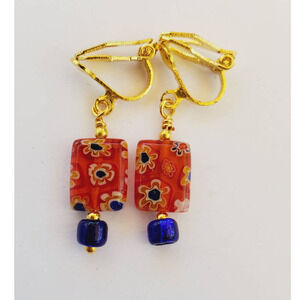 Clip On Orange and Blue Millefiori Earrings 1 Inch Gold Tone Findings Handmade